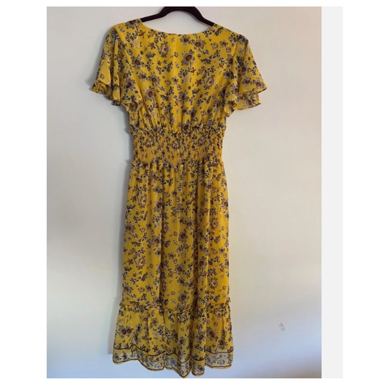 Max Studio Floral Ruffle Flutter Sleeve Dress Yellow Medium Gold Spring NEW
