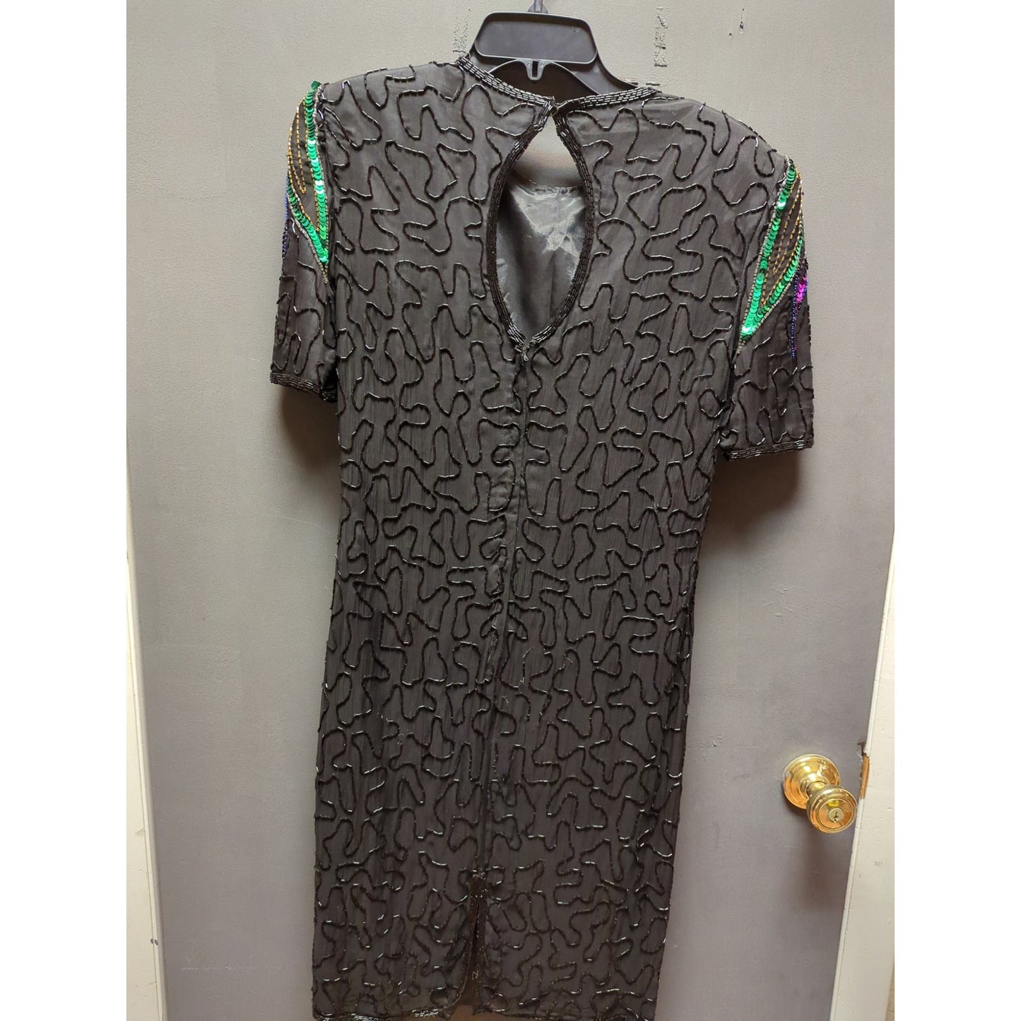 Vintage 1980 Sequin Silk Beaded cocktail Black dress green Design purple Medium