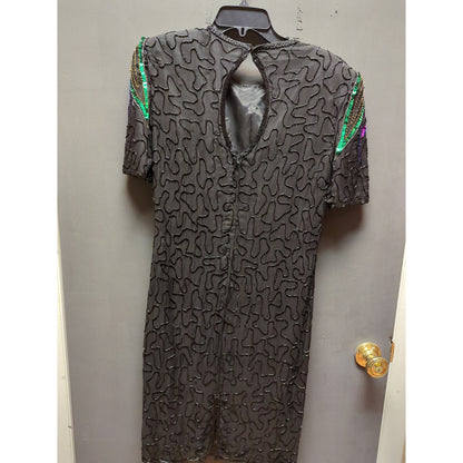 Vintage 1980 Sequin Silk Beaded cocktail Black dress green Design purple Medium