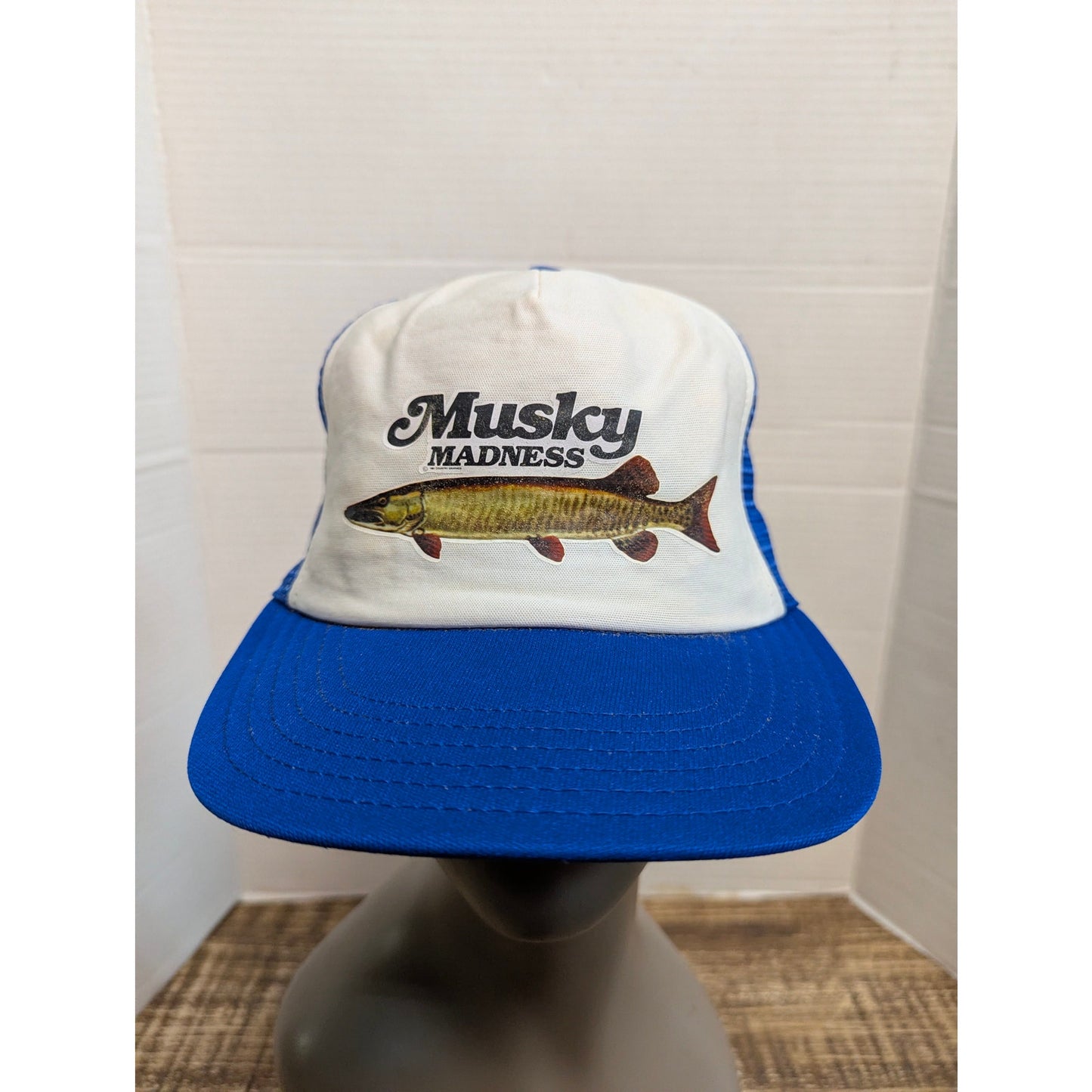 Vintage Musky Madness Blue White Trucker Snapback Baseball Cap Hat Y2K
