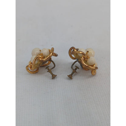 Vintage Gold Tone Faux Pearl Cluster Screw Back Earrings Retro Chic