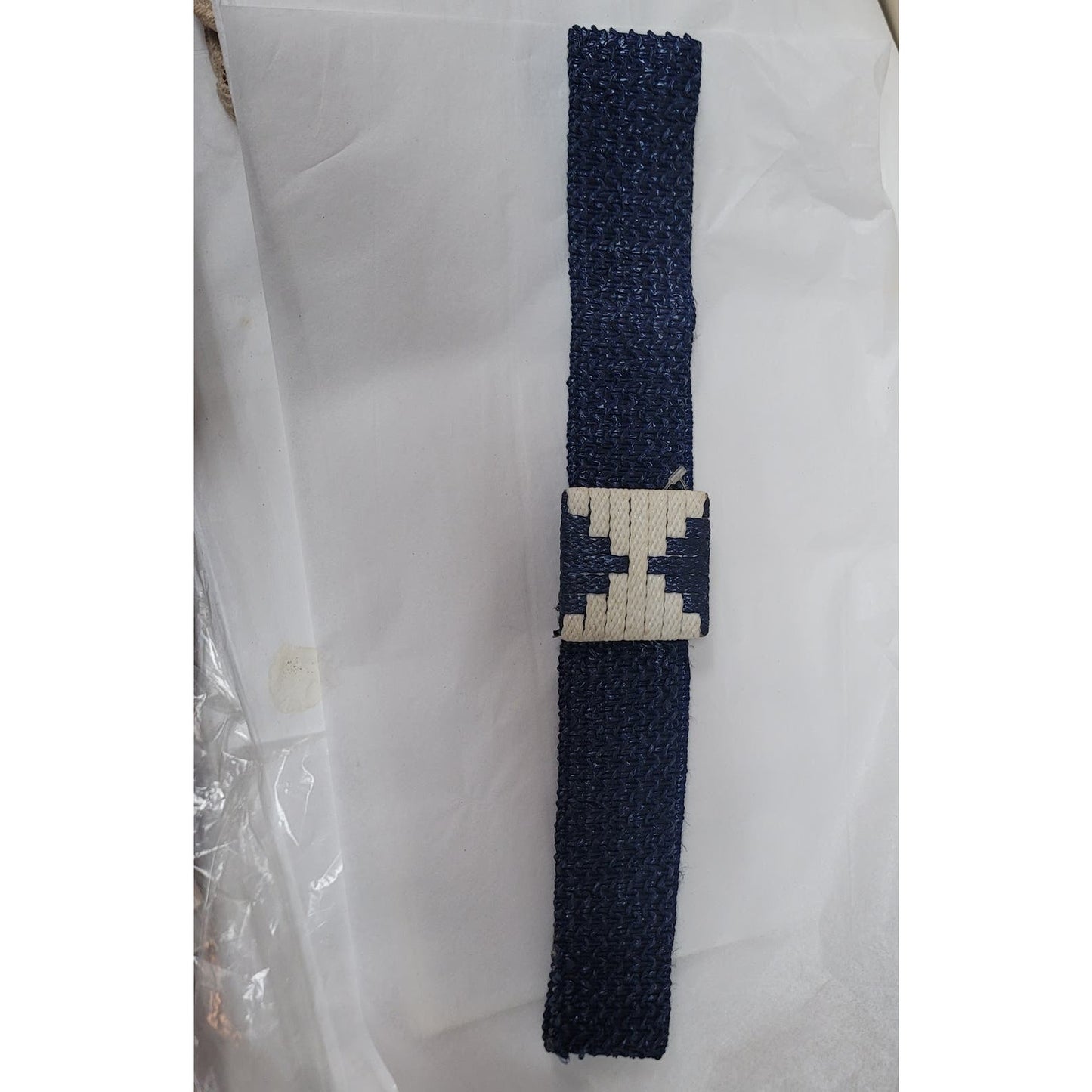 Vintage 80s cellulose blue cream geometric strecth belt 1980s y2k Festival boho