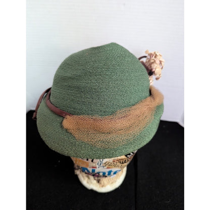 Vintage 40s 50s Forest Green Woven Cloche Bucket Hat Brown Ribbon Floral Trim