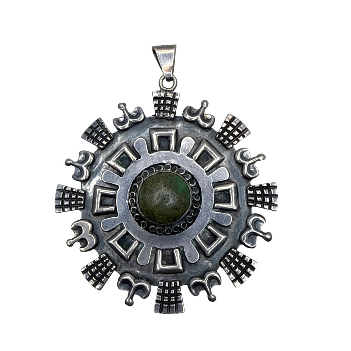 Tribal Falda Art Taxco Sterling Green Turquoise Raw Stone Sun Calendar Pendant