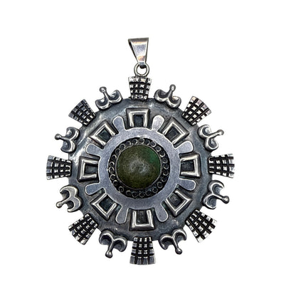 Tribal Falda Art Taxco Sterling Green Turquoise Raw Stone Sun Calendar Pendant