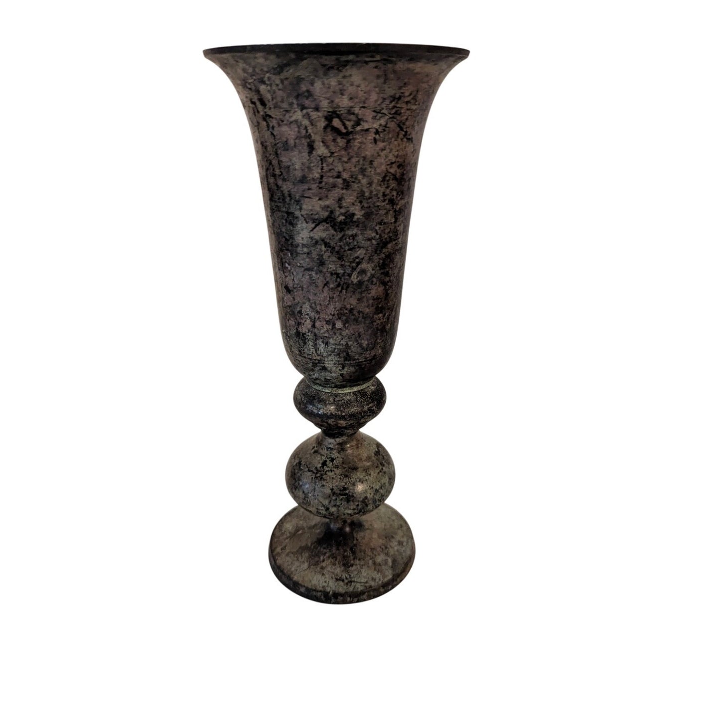 Vintage Antique Brass Trumpet Vase Distressed Etched Verdigris Metal 10"
