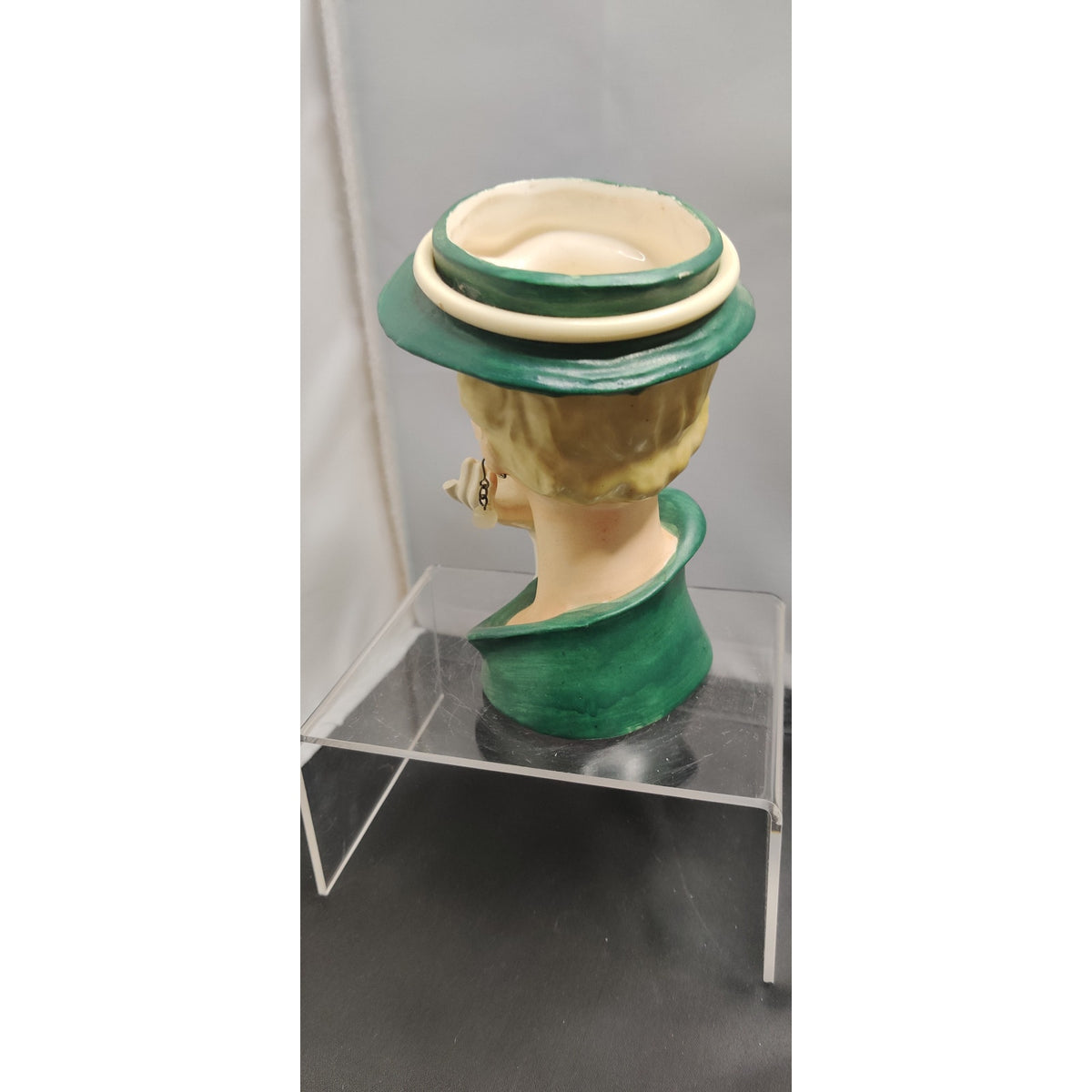 Vintage 1950s Damaged Napco Blonde Lady Head Vase Planter Green Hat Kitsch