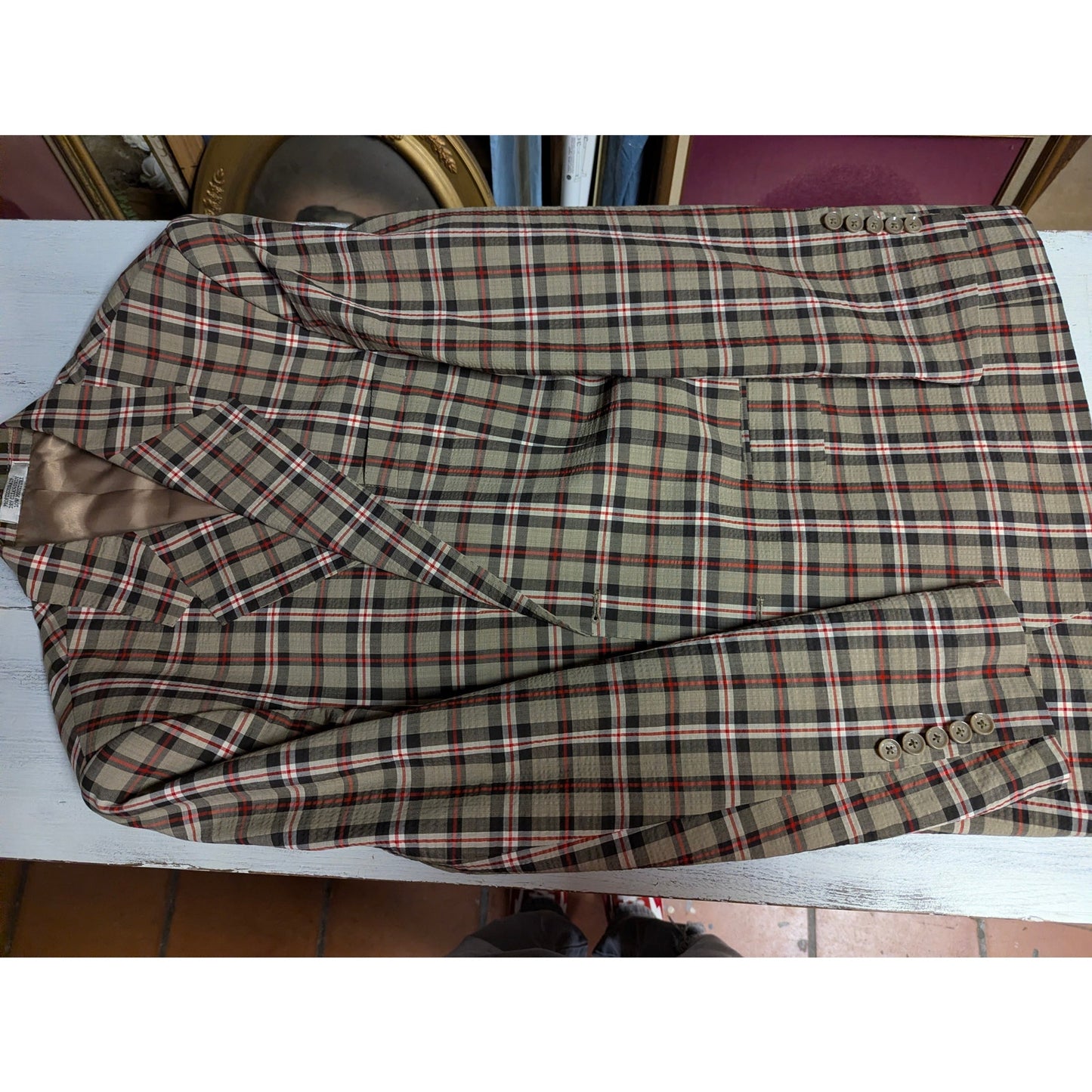 Vintage Bespoke Plaid Wool Blazer Sport Coat Brown Tan Red Checked Rockabilly