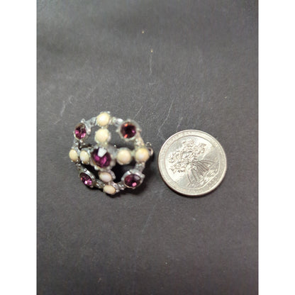 Vintage Mid-Century Faux Pearl Purple Rhinestone Dome Brooch Pin Silver Tone