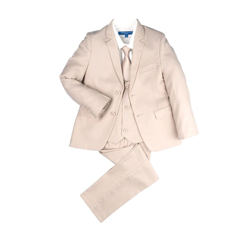 Perry Ellis boys tan SUIT jacket, pants, vest,tie 14 slim fit FORMAL NEW 4pc set