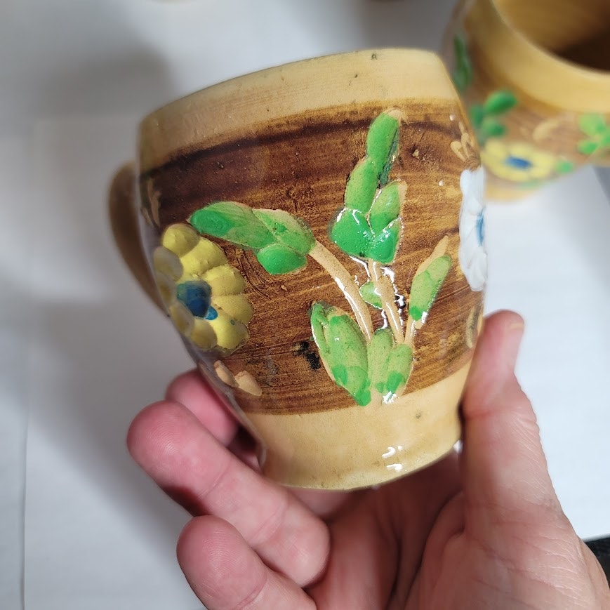 Set of 6 Primitive folk VINTAGE hand painted art pottery mug cup encised flowers