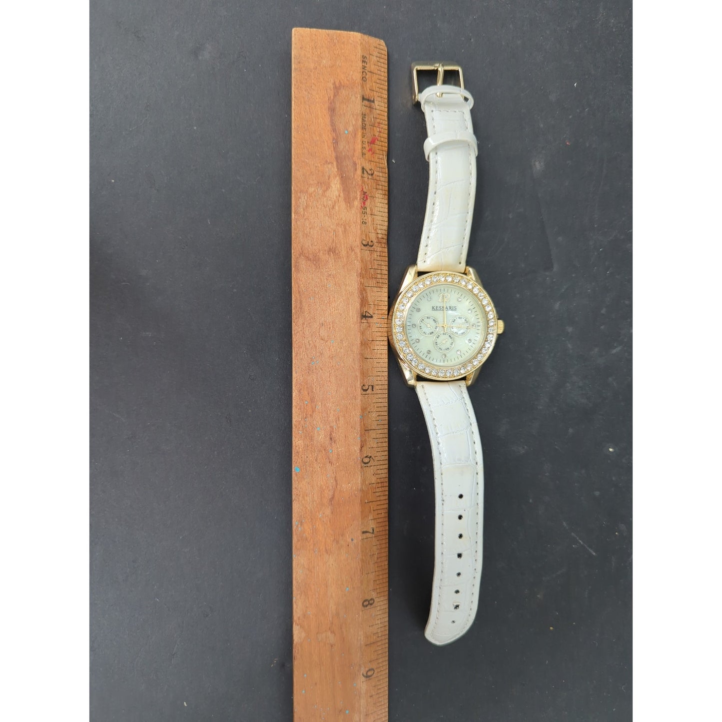 Vintage Signal Women's Watch Gold Tone Rhinestone Bezel White Strap Chronograph