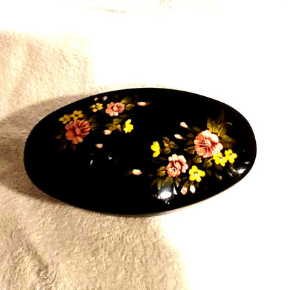 Vintage Russian Metal black floral handpainted trinket box Tin Oval Red inside