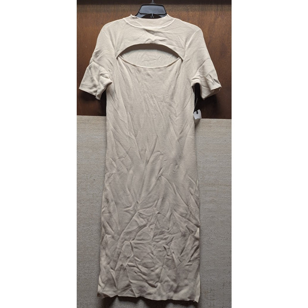 Leith Sweater Dress Women's Large Cream Ribbed Rayon Cutout Front Mock Neck Slit