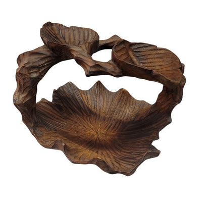 Vintage Hand Carved Burl Wood Rustic Leaf Shaped Basket W/ Handle MCM Brutalist