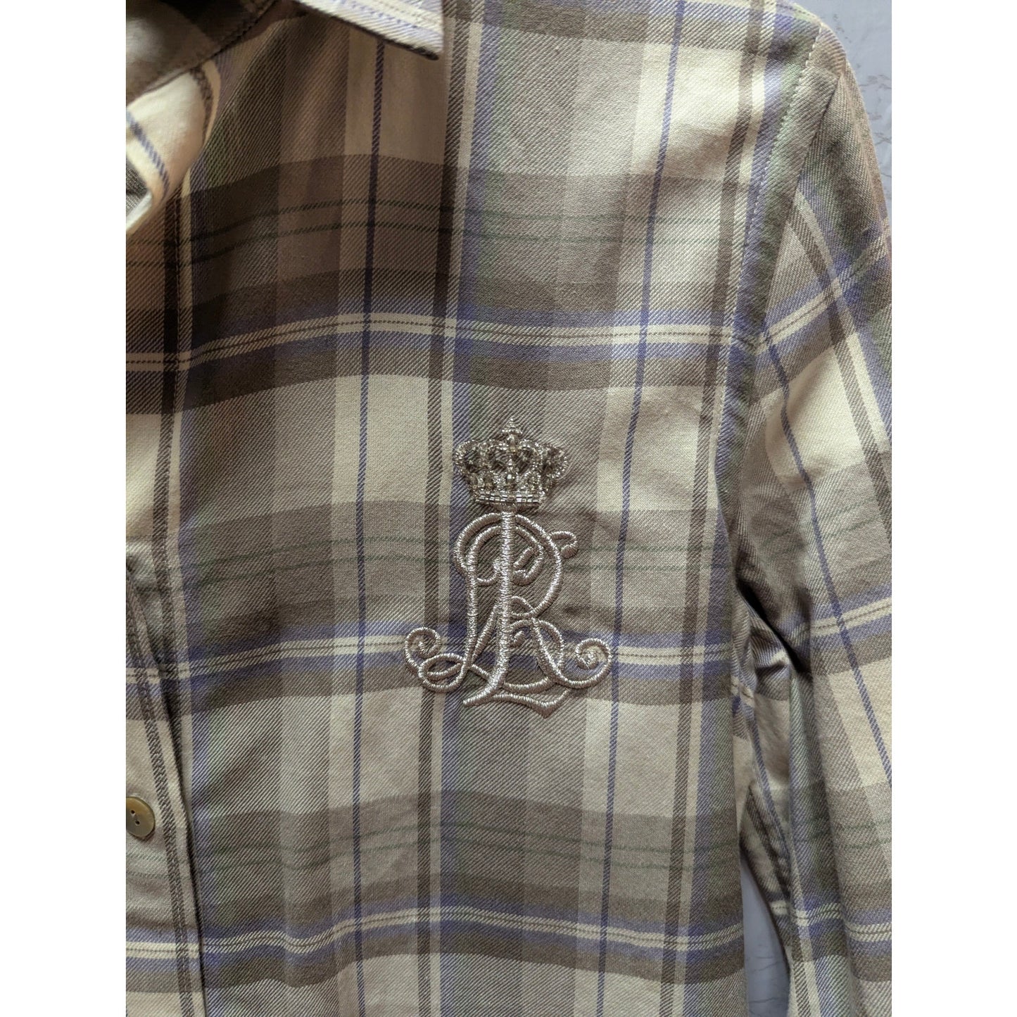 Lauren Ralph Lauren Plaid Button Down Shirt Crest Embroidered Preppy Class Small