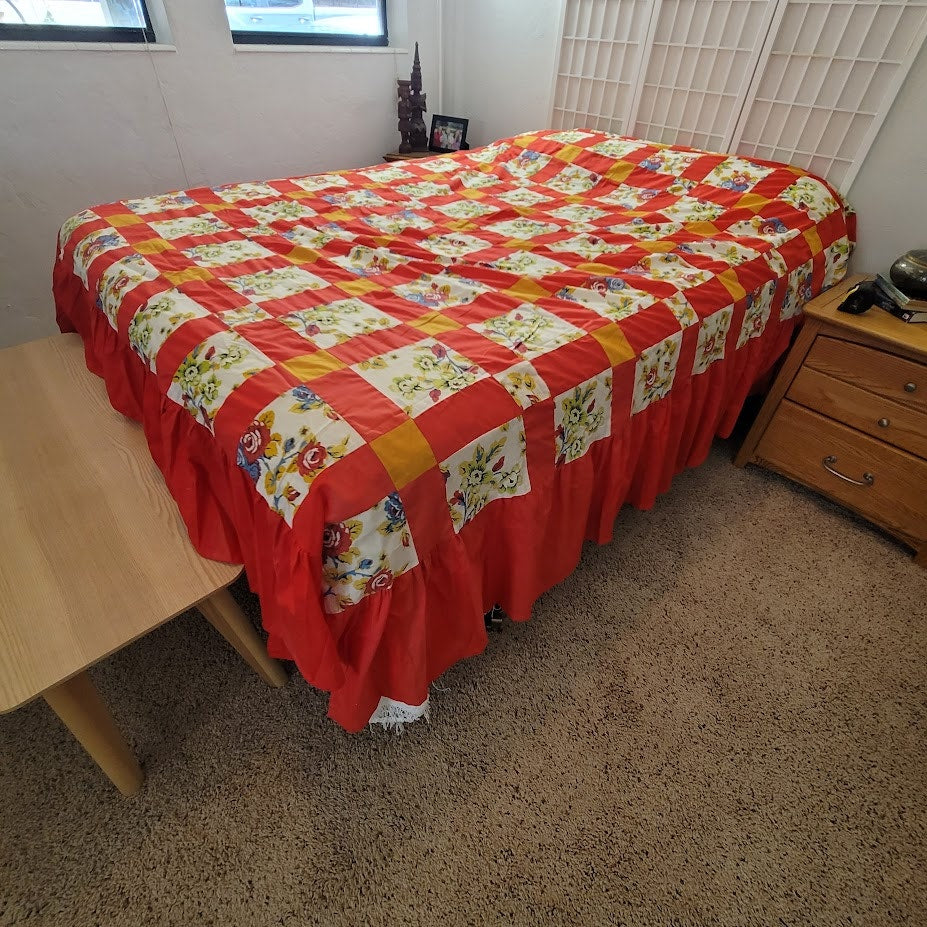Vintage Farmhouse Red Yellow Floral Patchwork Unfinished Quilt Top 108x88 Queen