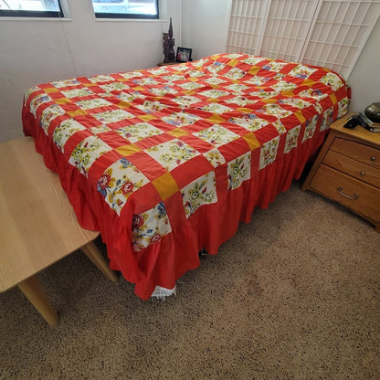 Vintage Farmhouse Red Yellow Floral Patchwork Unfinished Quilt Top 108x88 Queen