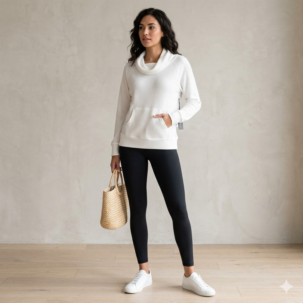 Gibsonlook White Waffle Knit Cowl Neck Pullover Top Casual Cozy Lounge Medium