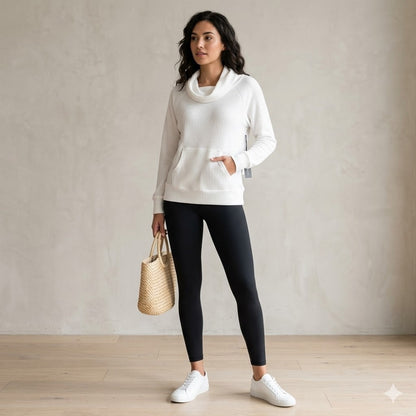 Gibsonlook White Waffle Knit Cowl Neck Pullover Top Casual Cozy Lounge Medium