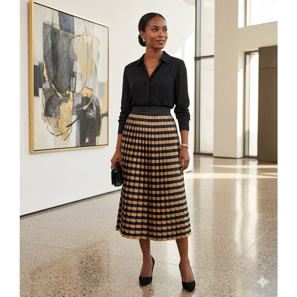 Russ Vintage Pleated Midi Skirt Size 12 Black & Tan Striped Satin Made in USA
