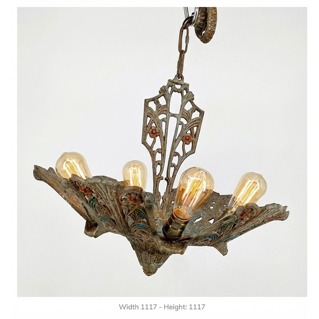 1930s Art Deco Slip Shade 5 Light Chandelier Fixture Restoration Cast Alumium