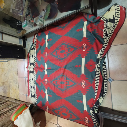 Large Vintage Southwestern Tribal Blanket 70x78 MCM Boho Regency Red Green