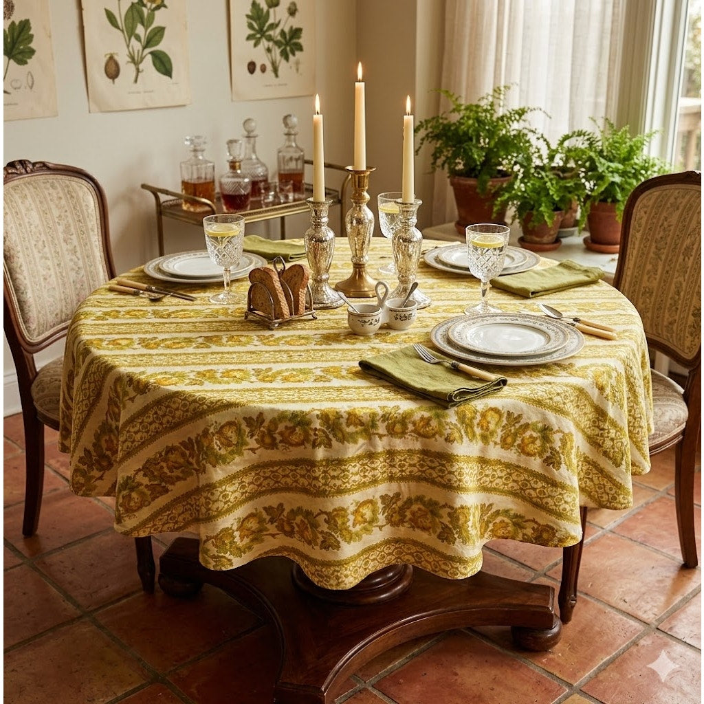 Vintage 1960s round tablecloth 69" Heavy floral brocade gold tones with stripes