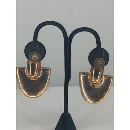 Vintage 1980s Gold-Tone & Black Enamel Geometric Dangle Clip-On Earrings