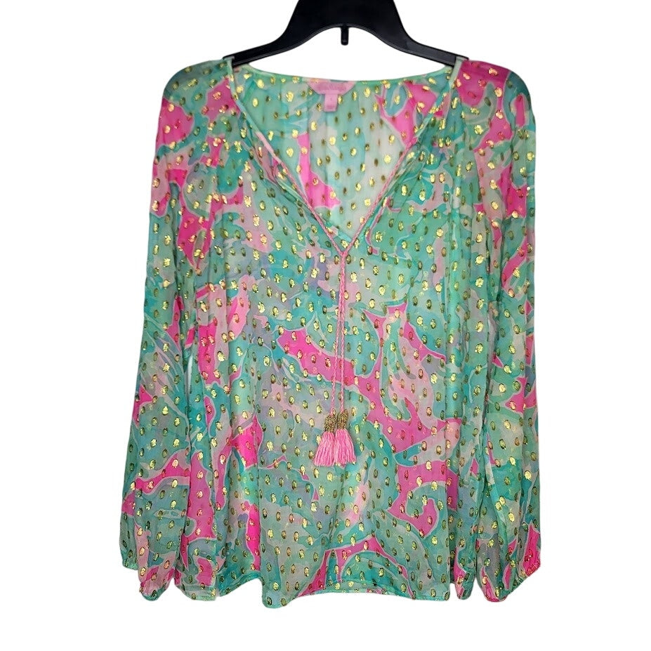 Lilly Pulitzer Small Rilla sheer silk blouse Tropical Pink Sands gold metallic