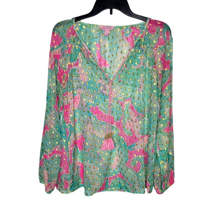 Lilly Pulitzer Small Rilla sheer silk blouse Tropical Pink Sands gold metallic
