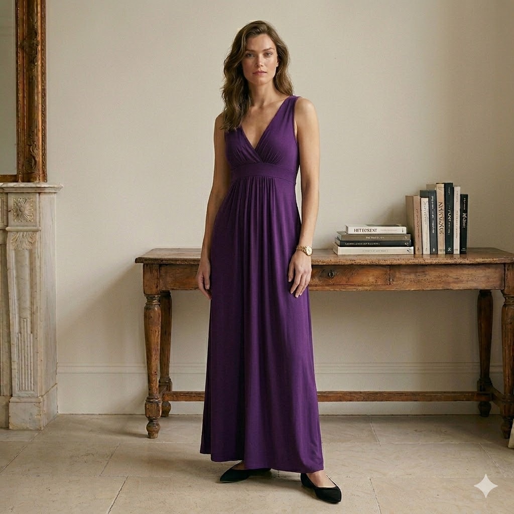 Loveappella Purple V-Neck Empire Waist Maxi Dress Large NWT