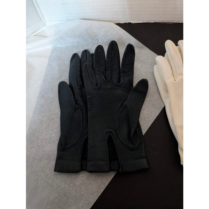 3 pairs of ladies gloves Brown Leather, White Cloth, Cream Mid Length Size Small