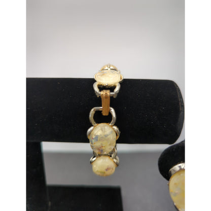 Vintage Confetti Lucite Faux Opal Parure Set Gold Tone Boho 60s Bracelet Earring