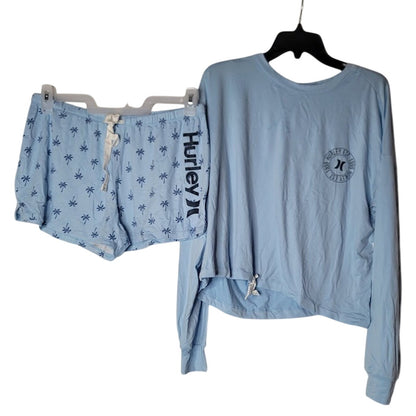 Hurley Pajama Set Size SMALL Baby Blue coconuts Long sleeve and Shorts NEW
