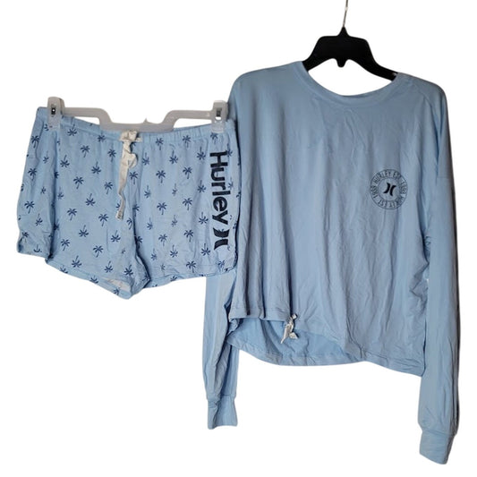 Hurley Pajama Set Size SMALL Baby Blue coconuts Long sleeve and Shorts NEW