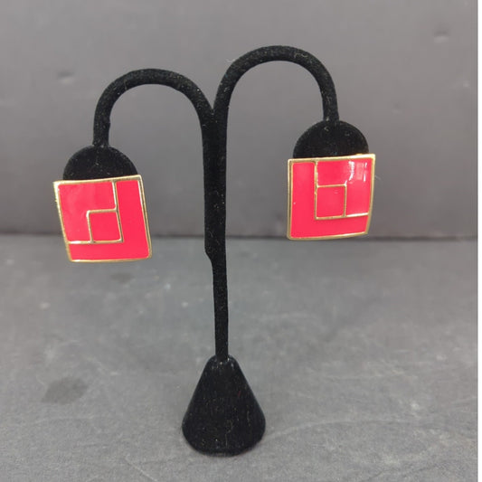 Vintage Pink Red Enamel Square Clip On Earrings Gold Tone Geometric Retro 1980s