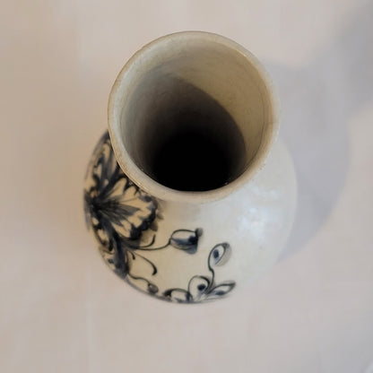 Handpainted Portugal vase blue white floral crackle underglaze 6.5"