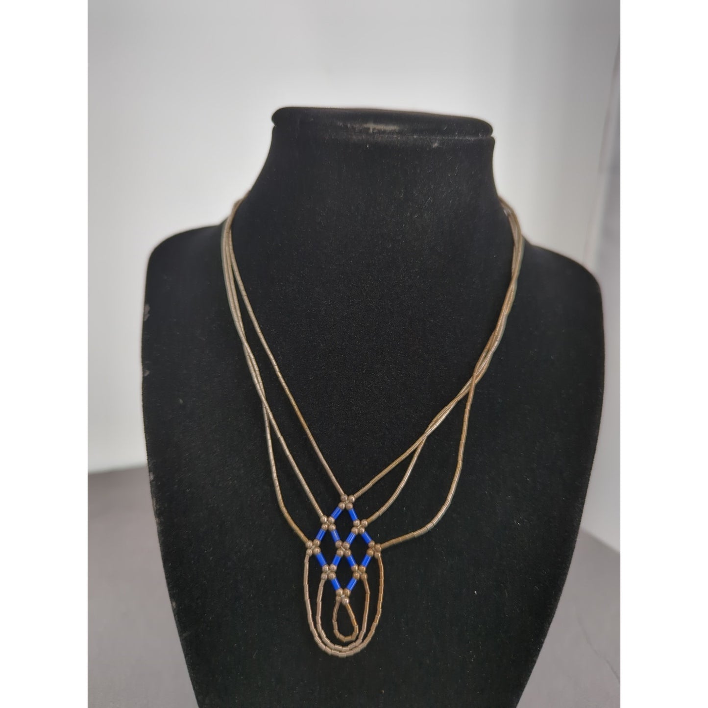 Vintage Liquid Silver MultiStrand Necklace Blue Beaded Southwestern Sterling 18"