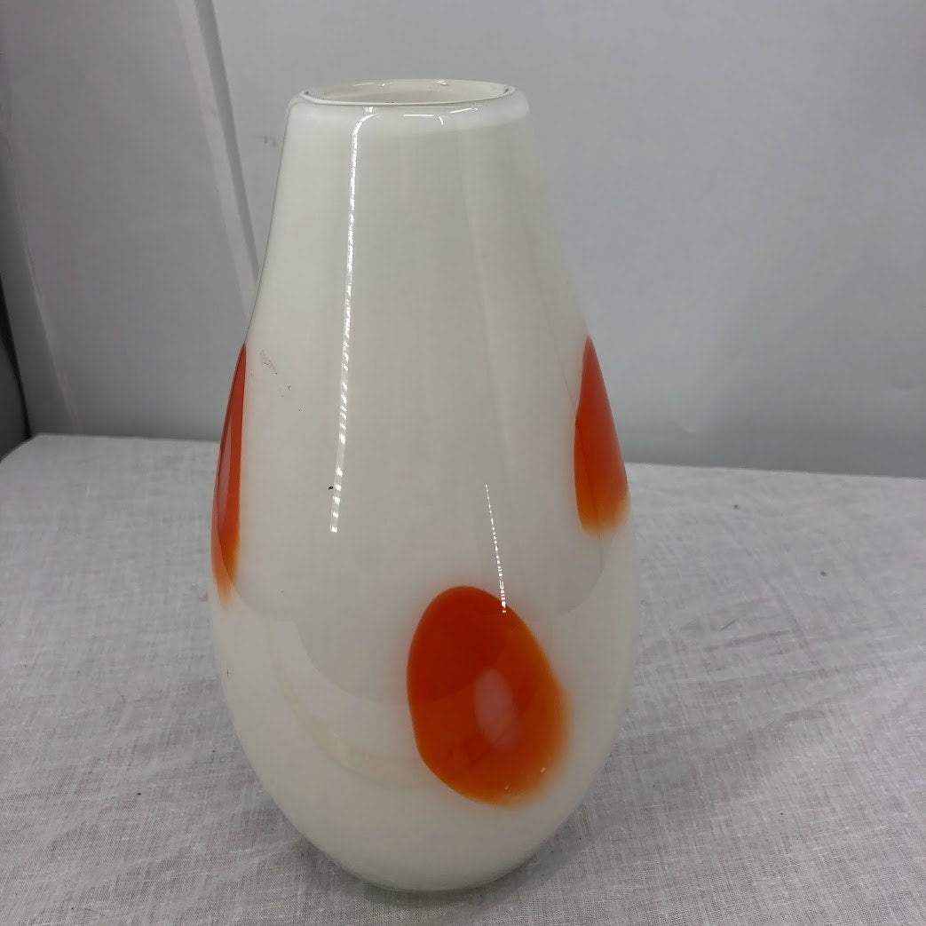 Murano Glass Vase Handblown orange patches white table bulb MCM design 9" glass