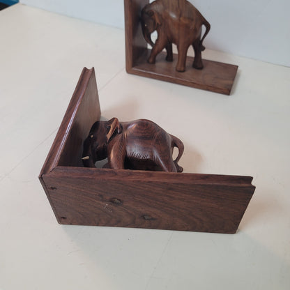 Vintage Wood elephant with tusk bookends wood pair