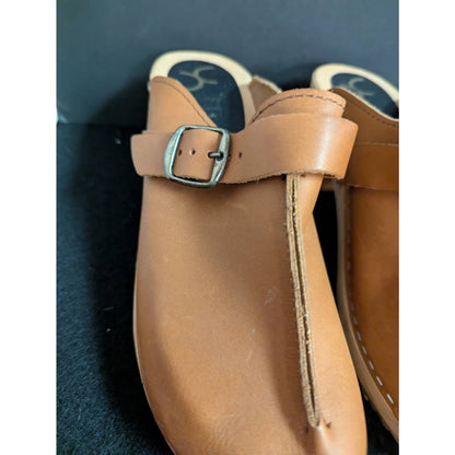 Cape Clogs Swedish Tan Leather Wooden Mule Clogs - EU 38 US 7.5