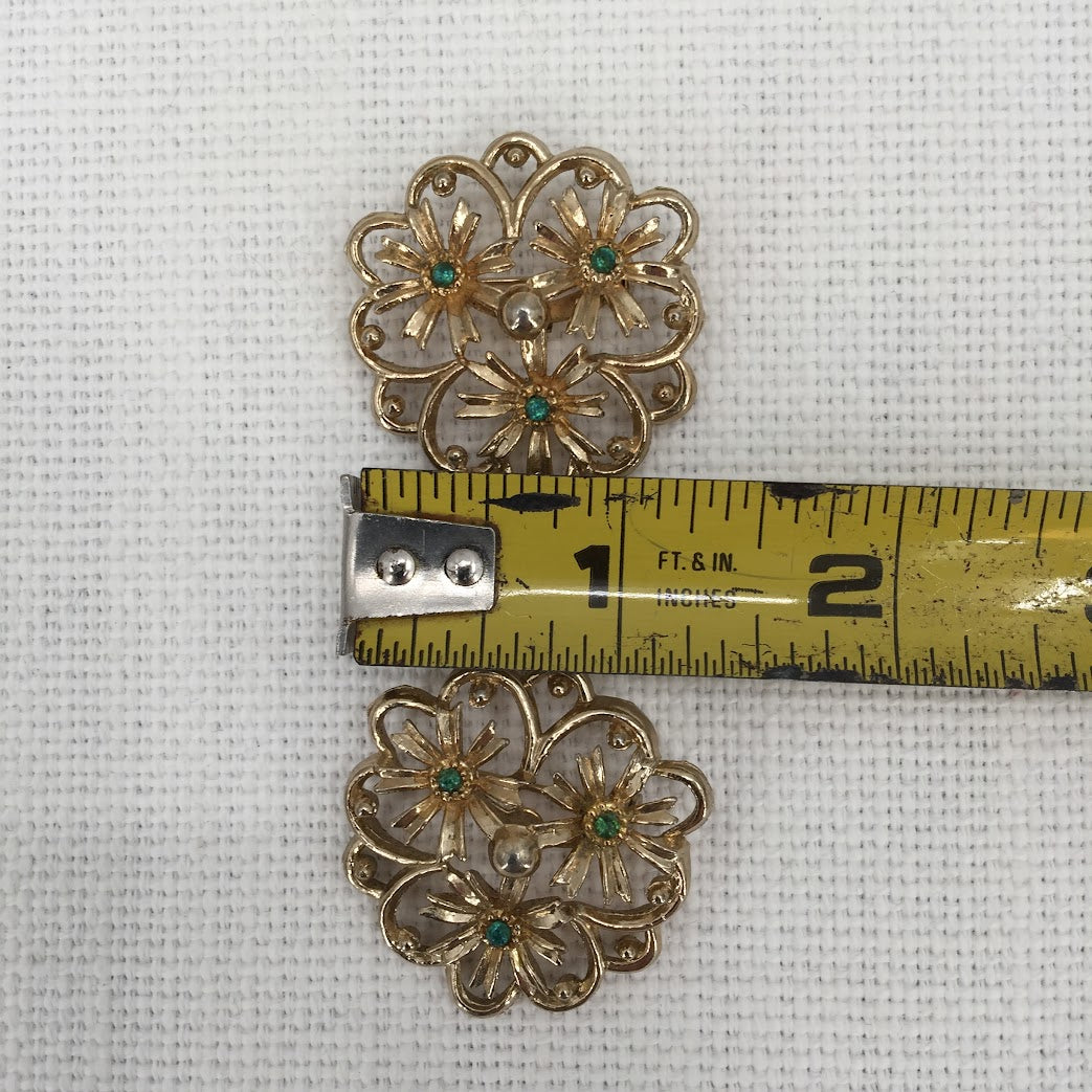 renaissance revival brooches PAIR of two matching pins goldtone faux emerald