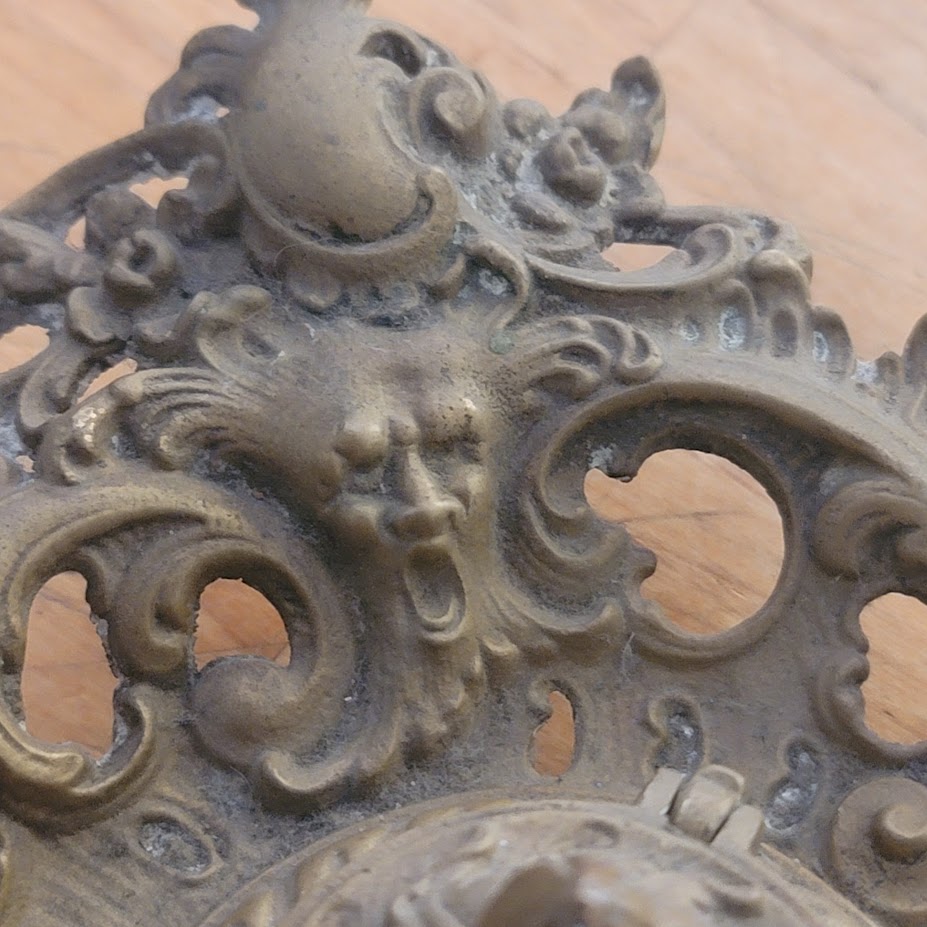 Antique Ornate Brass Grotesque Mascaron Inkwell Victorian Rococo Pen Tray