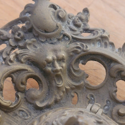 Antique Ornate Brass Grotesque Mascaron Inkwell Victorian Rococo Pen Tray