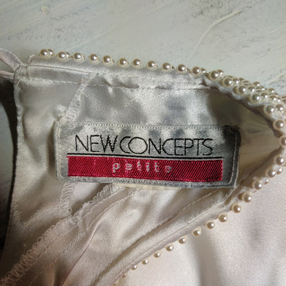 Vintage New Concepts Petite Faux Pearl Collar Satin Blouse Ivory Long Sleeve
