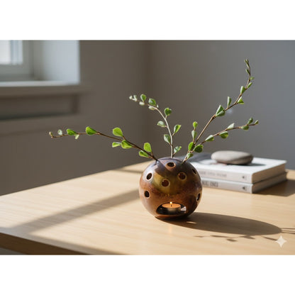 Vintage Ikebana vase orb sphere Ceramic brown glaze Approx. 7" Art Pottery