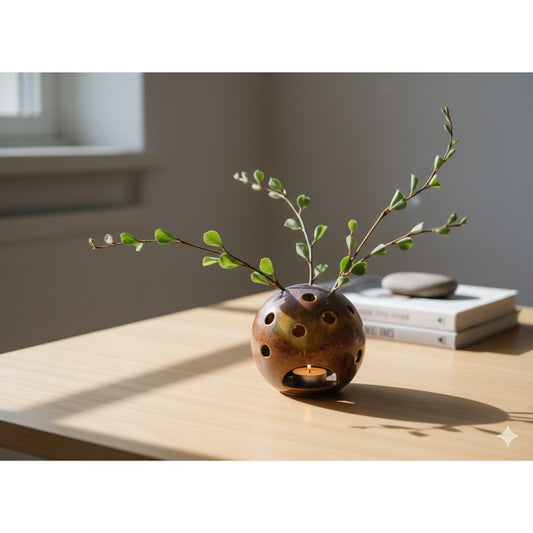 Vintage Ikebana vase orb sphere Ceramic brown glaze Approx. 7" Art Pottery