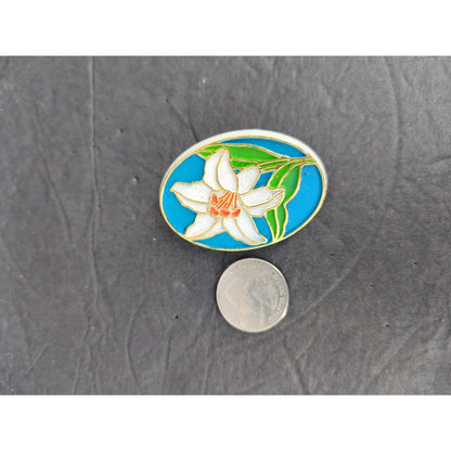 Vintage Cloisonne Enamel White Lily Flower Gold Tone Oval Pin Brooch