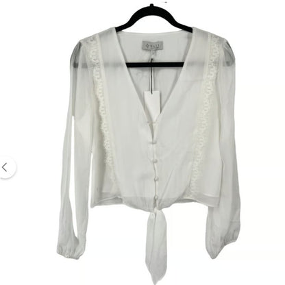 Wayf Womens size Small top ivory lace trim knotted long sleeve blouse xS DEFECT